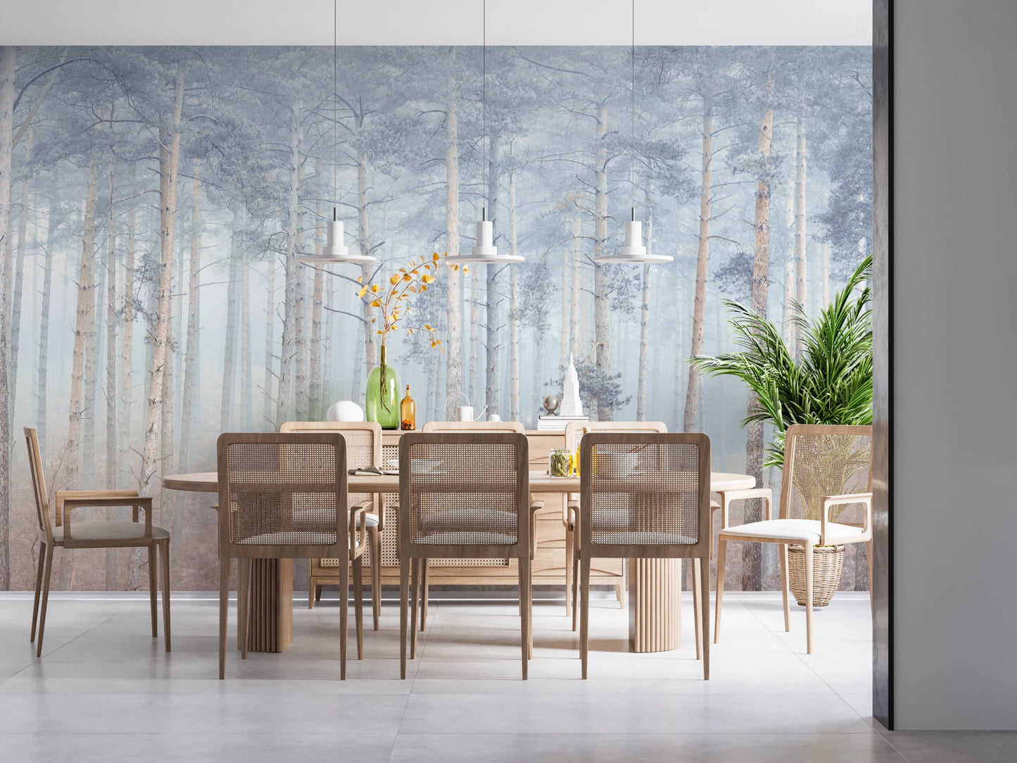 Vertical tree trunks in a Pine Forest Serenity dining area Wall Mural artistic style.