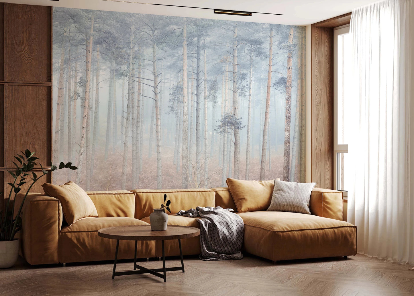 Serene woodland Pine Forest Serenity Wall Mural with soft natural textures.