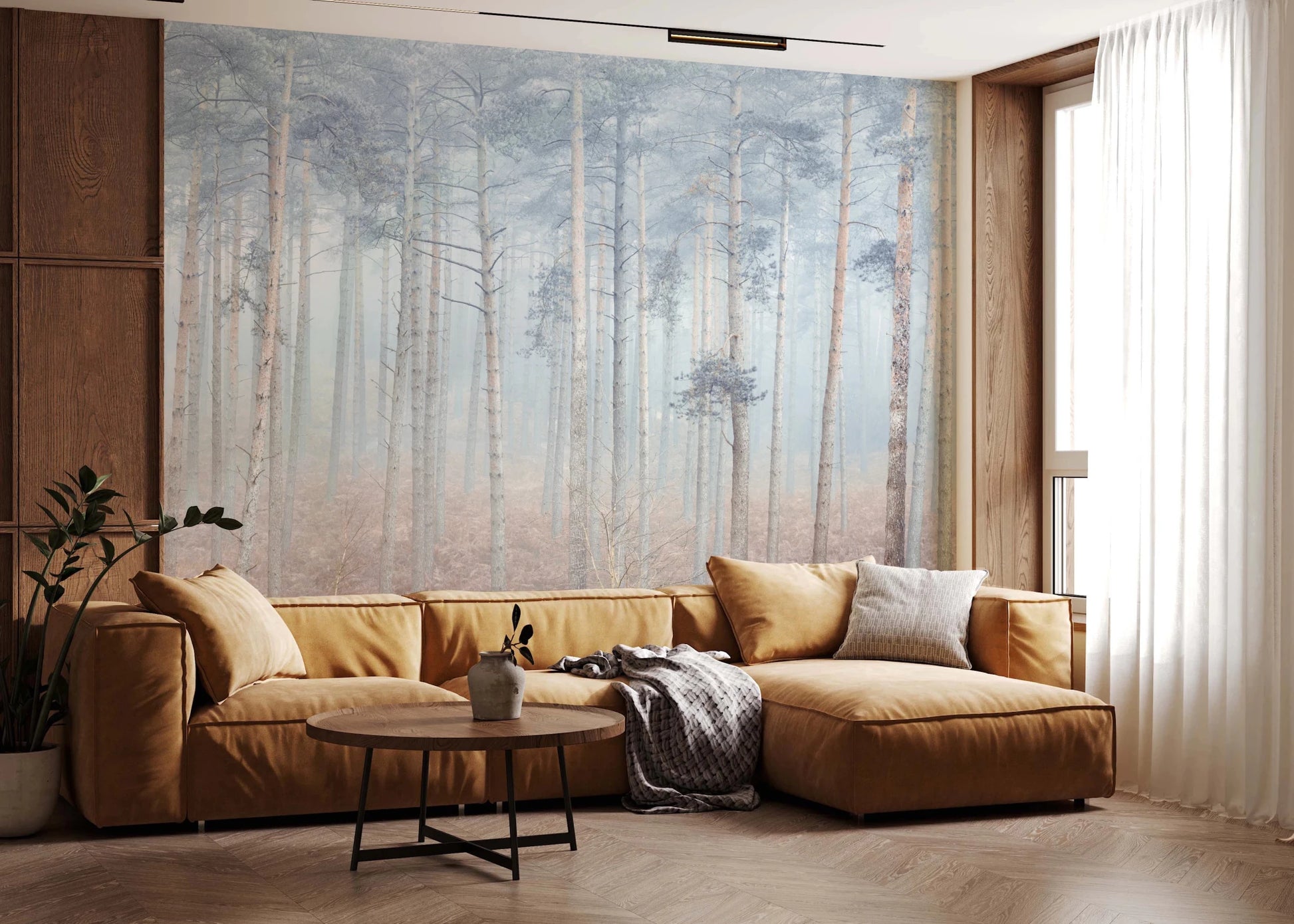 Serene woodland Pine Forest Serenity Wall Mural with soft natural textures.