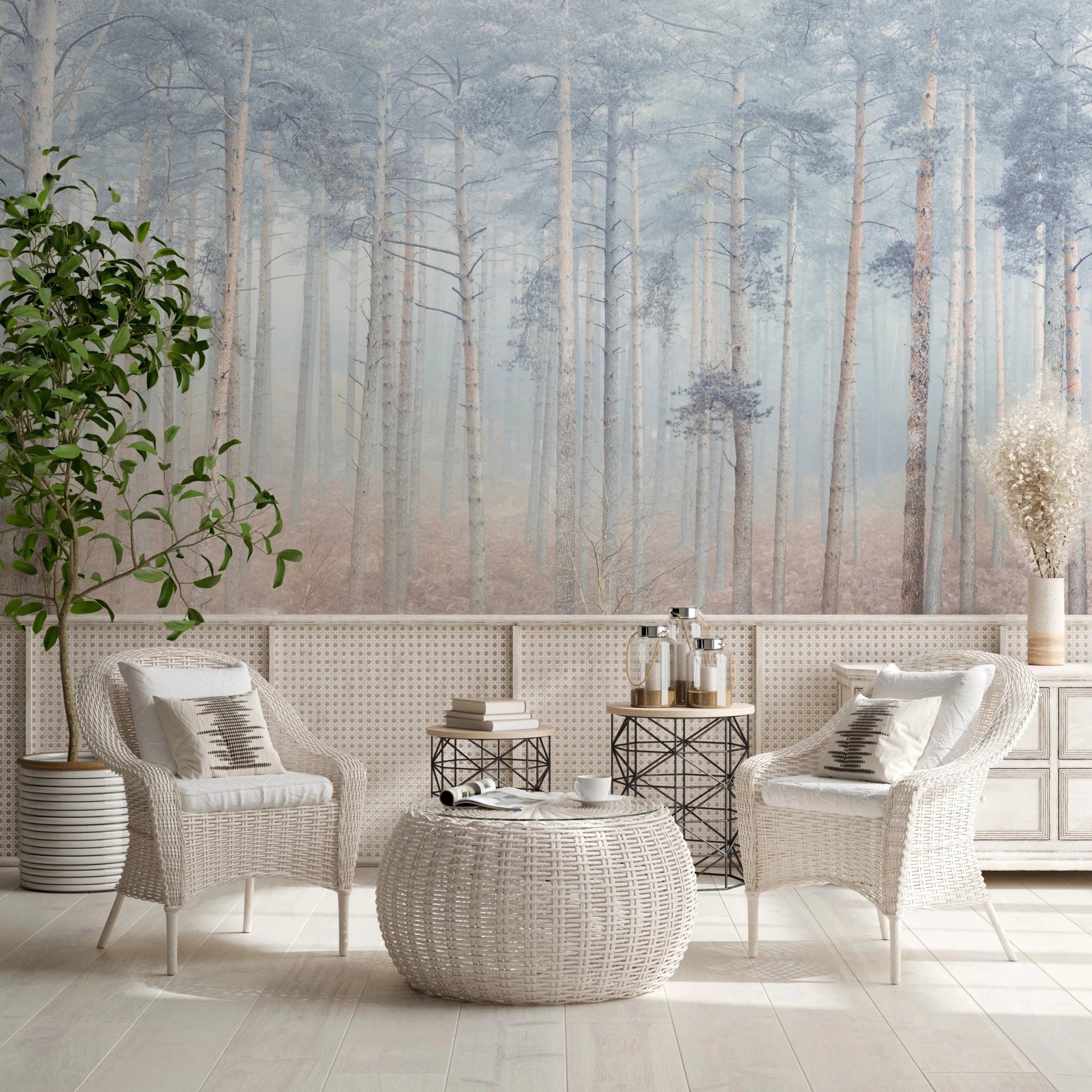 Tall forest trees in a Pine Forest Serenity  hallway Wall Mural with a foggy finish.