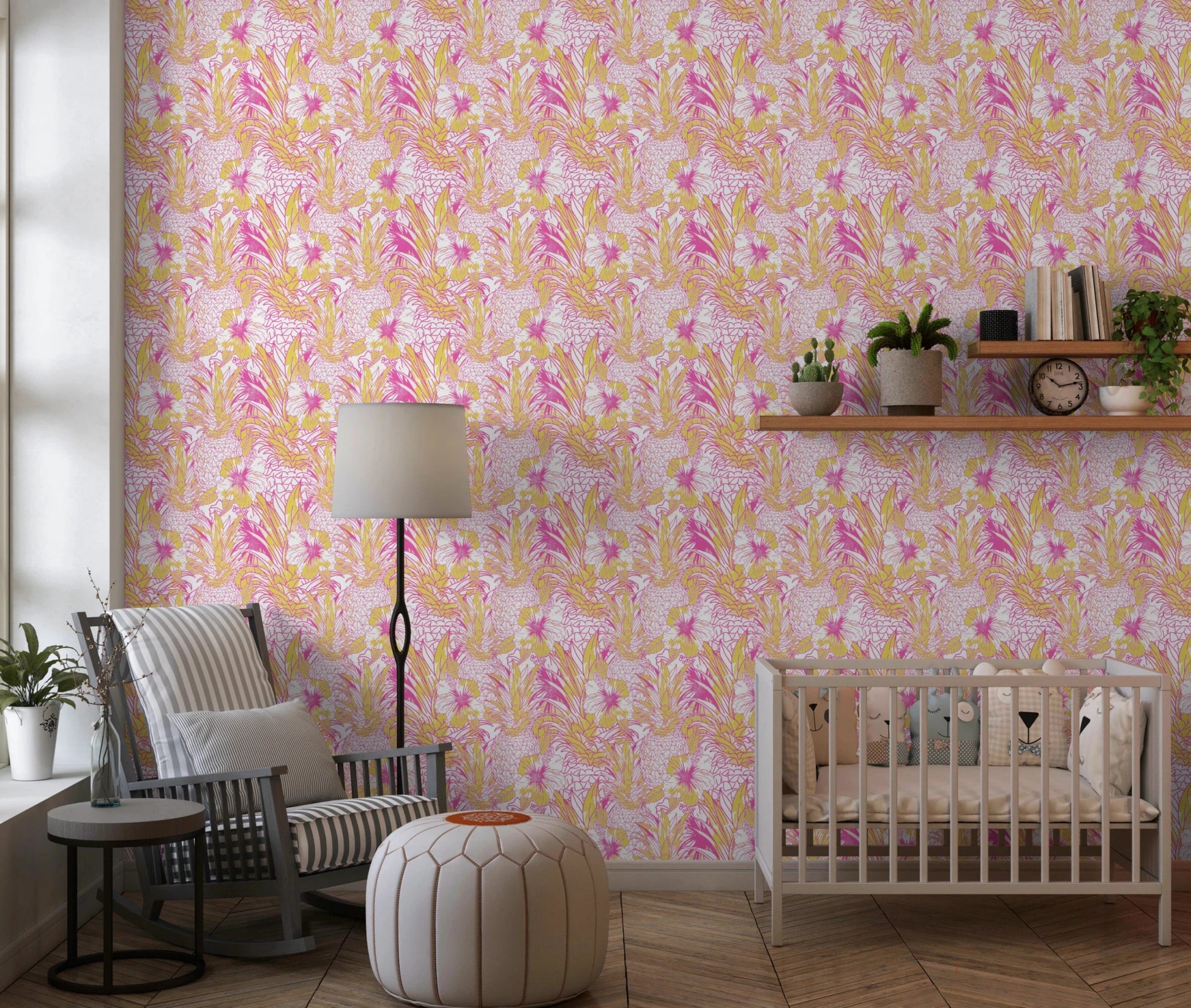 Sunny Pineapple Paradise wallpaper with floral elements.