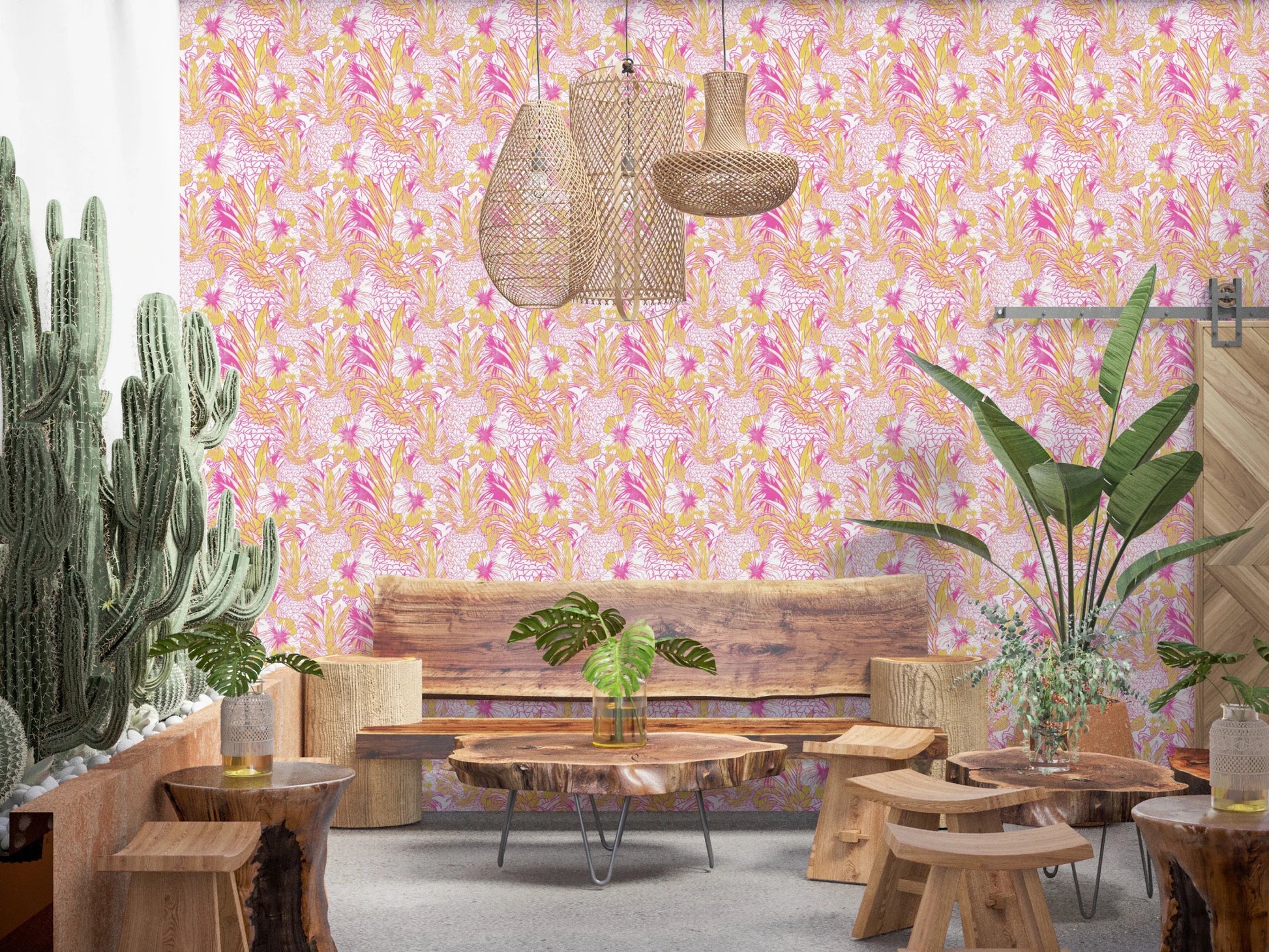Playful pineapple and hibiscus summer wallpaper motif.