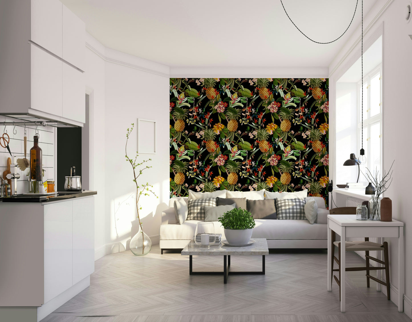 Pineapple wallpaper mural with lush greenery and tropical fruit.

