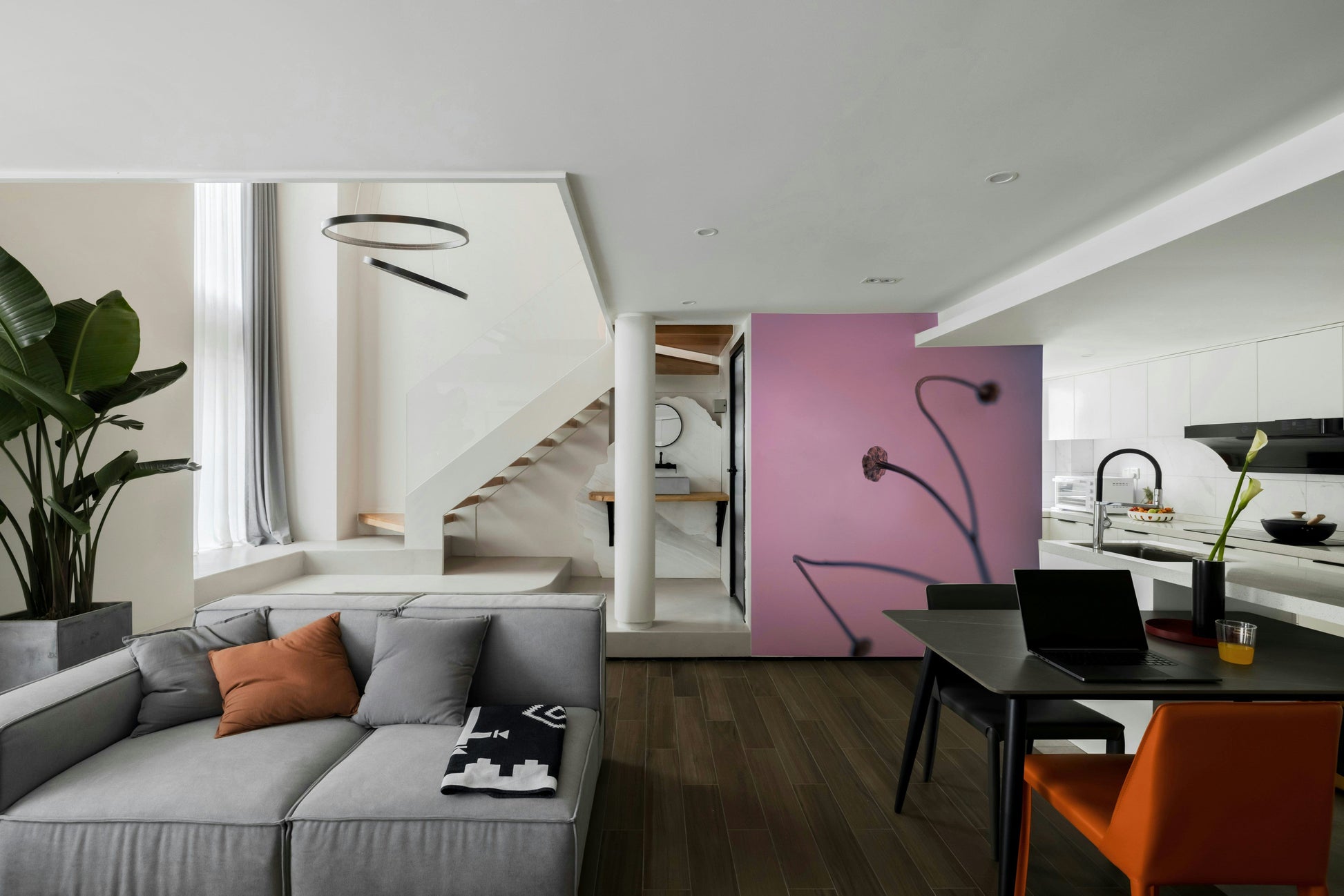 A minimalist home office with the abstract botanical wallpaper.

