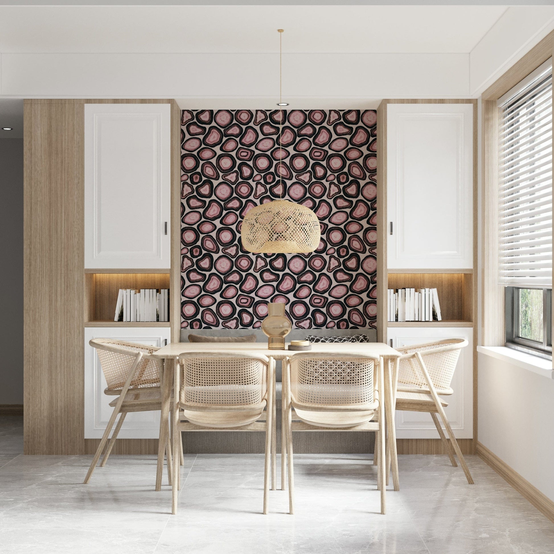 Natural stone-inspired wallpaper with swirling pink agate textures and organic contours.