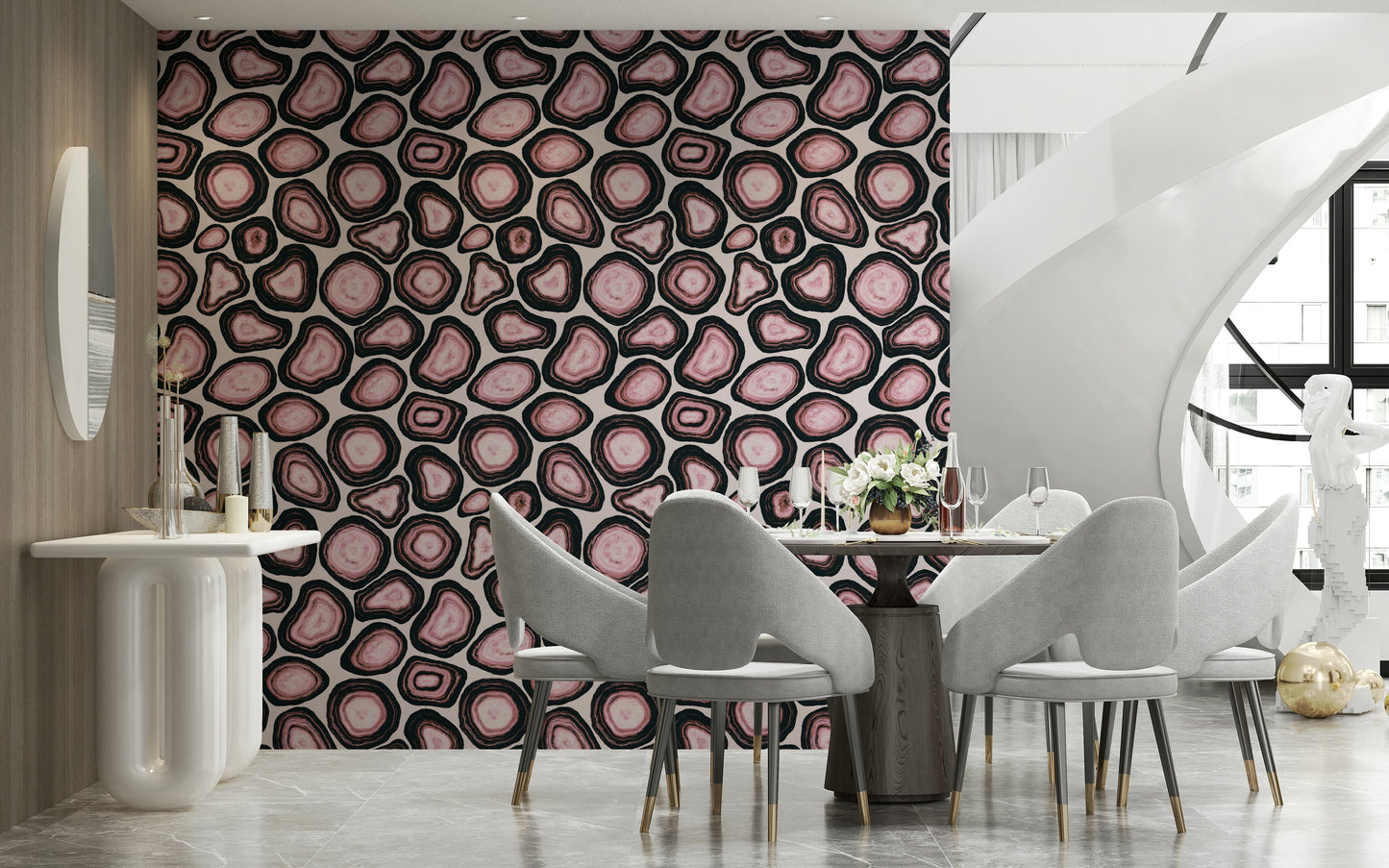 A gemstone wallpaper showcasing swirling pink agate slices with textured layers.