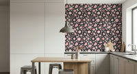 Pink mineral clusters arranged in an intricate agate-pattern wallpaper.