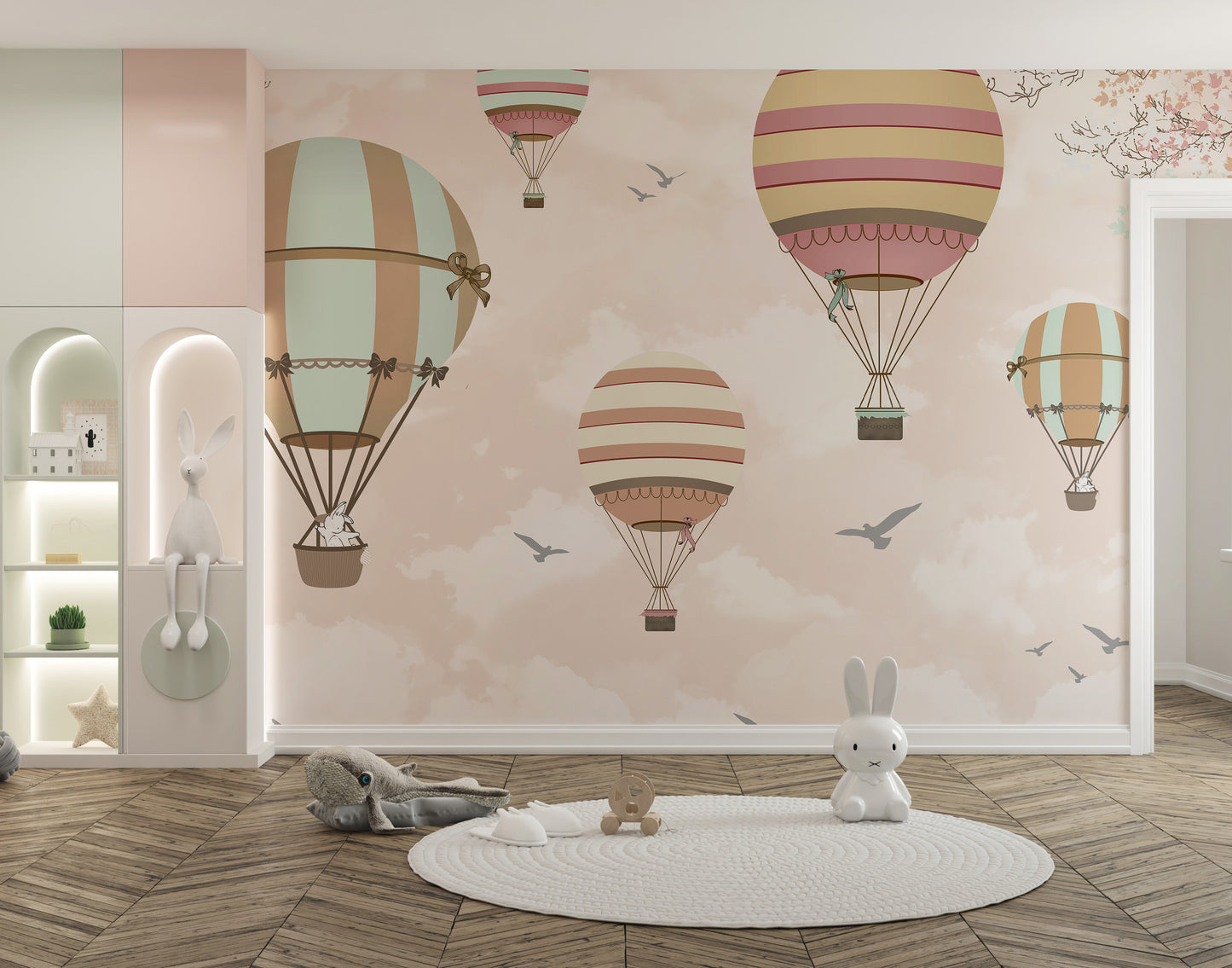 Sky-themed mural with colorful balloons
