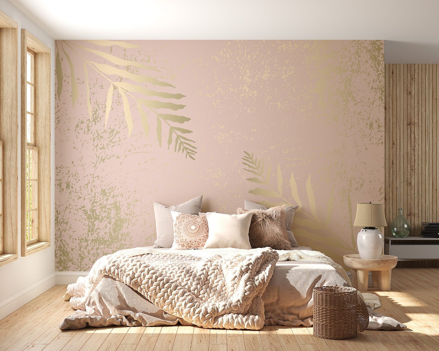 Pink and Gold Leaves Wallpaper Mural - Giffywalls