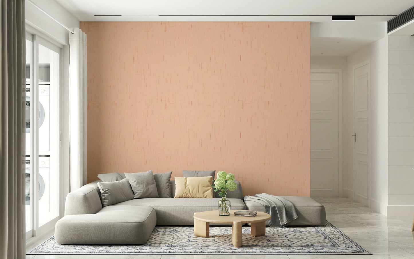 Linen Texture Pink Wall Mural, Abstract Lines, Warm Peach Decor.