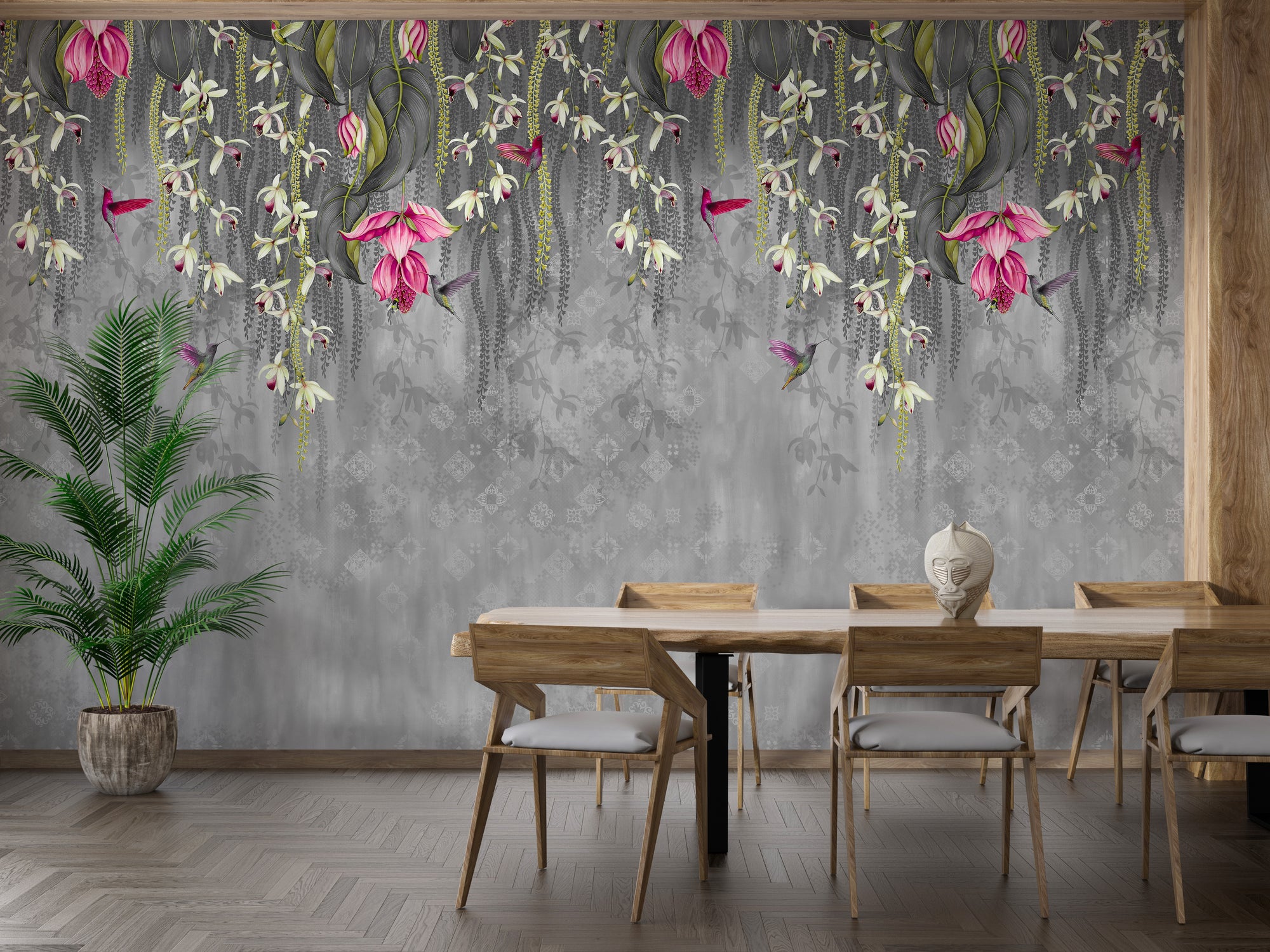 Pink Blooming Flowers Design wallpaper mural shown as a full feature wall that highlights the design
