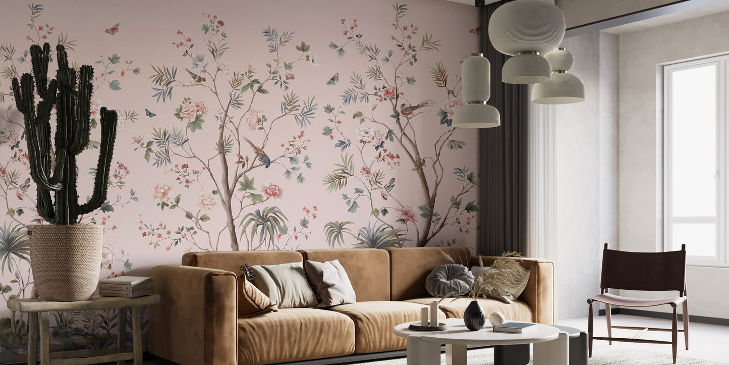 Floral Chinoiserie Wallpaper in Pink
