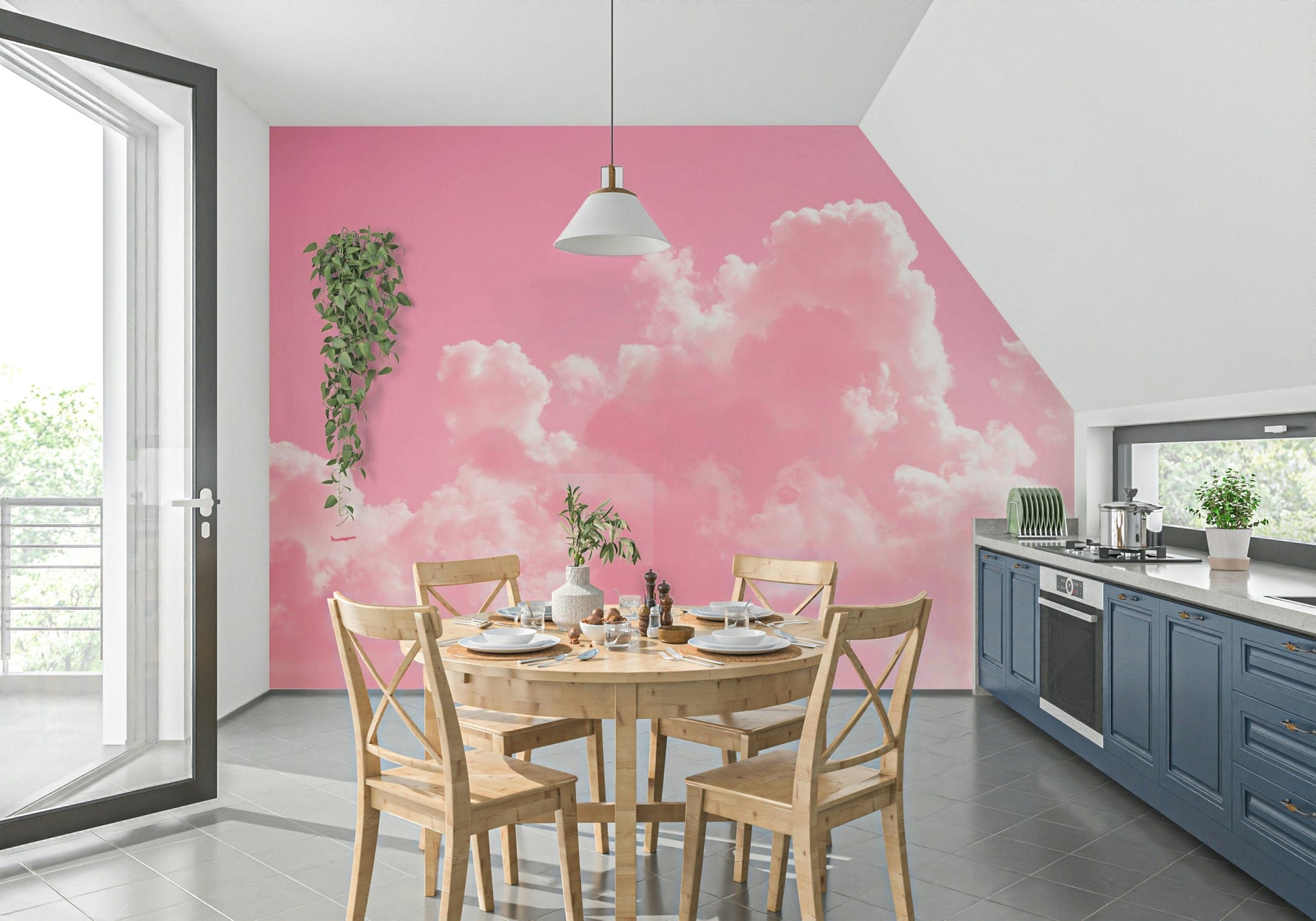 A beautiful pink sky wallpaper mural with soft clouds.

