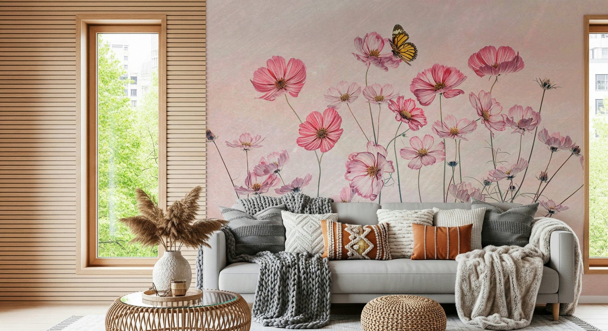 A peaceful open space mural on decorative wallpaper.

