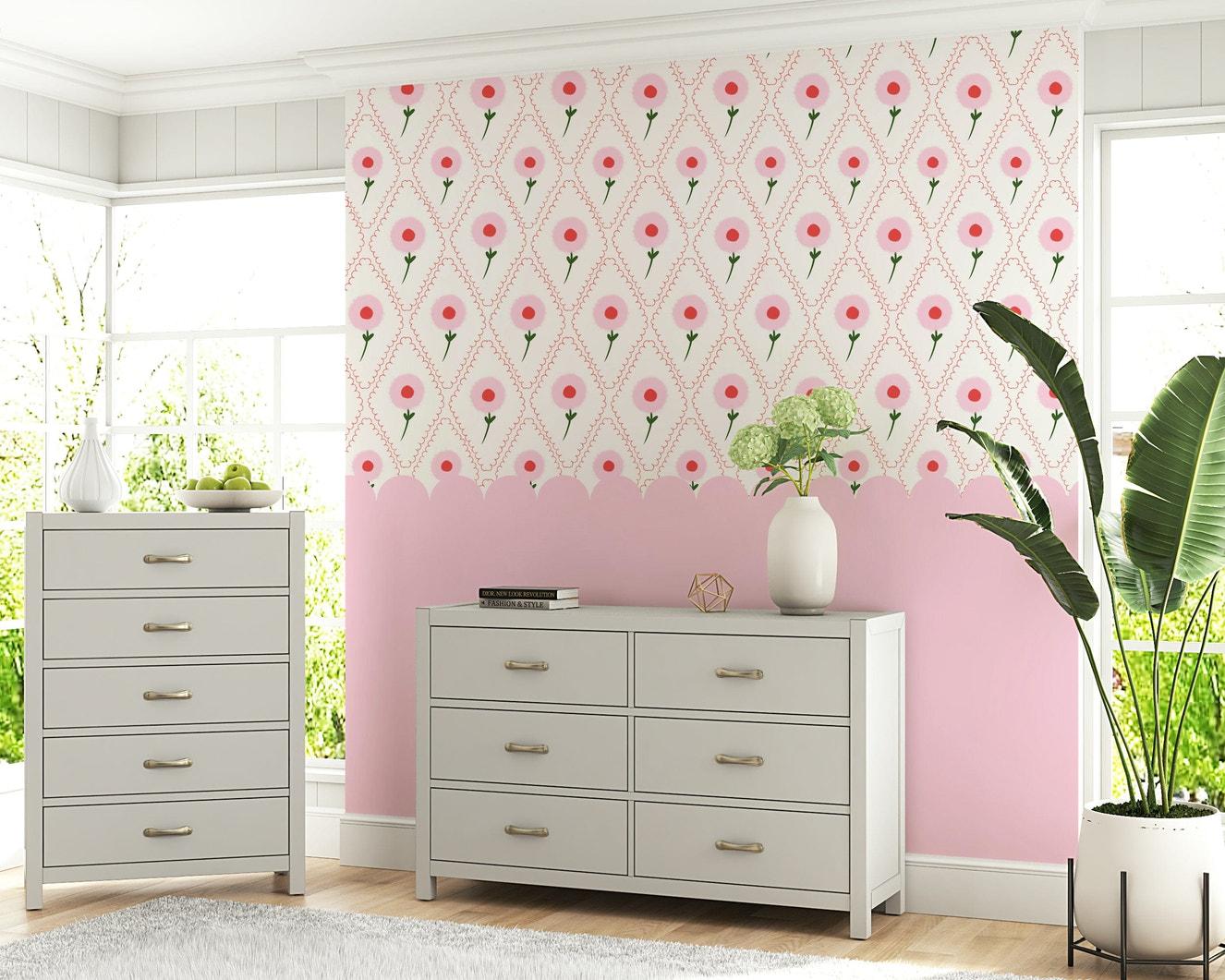 Large scale pink floral mural in an apartment bedroom with neutral decor.