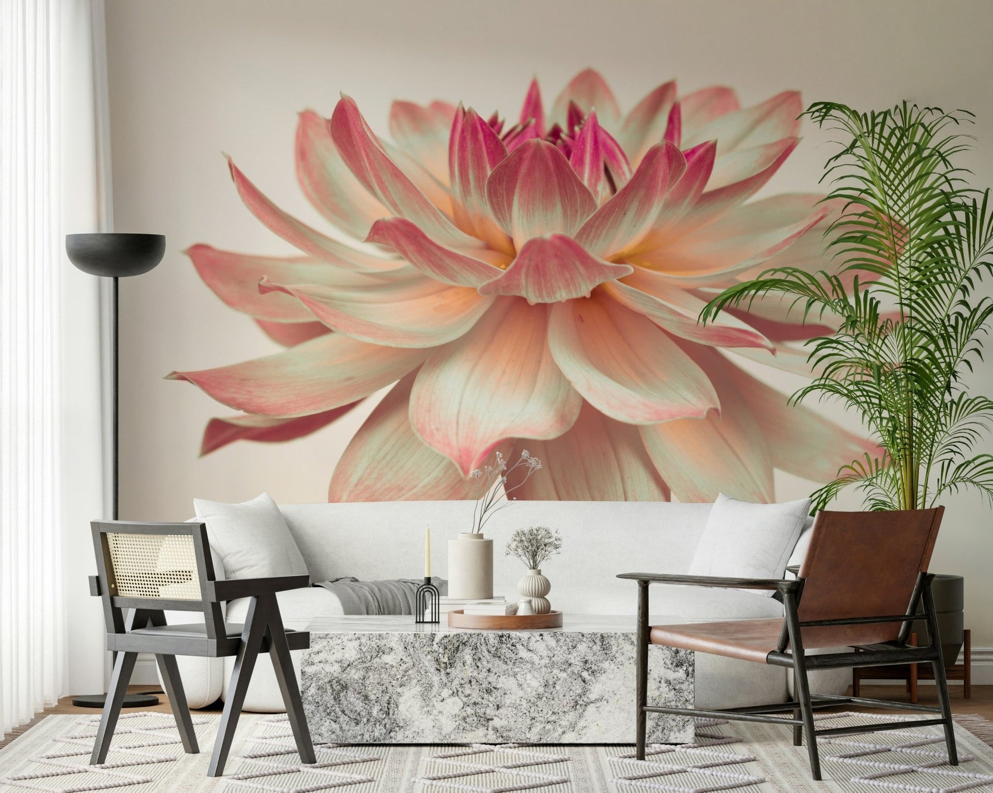 Pastel dahlia bloom wall mural on beige