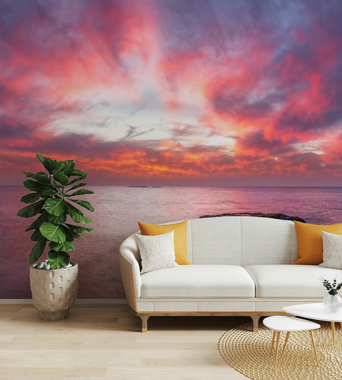 A wall mural featuring a serene, abstract seascape.

