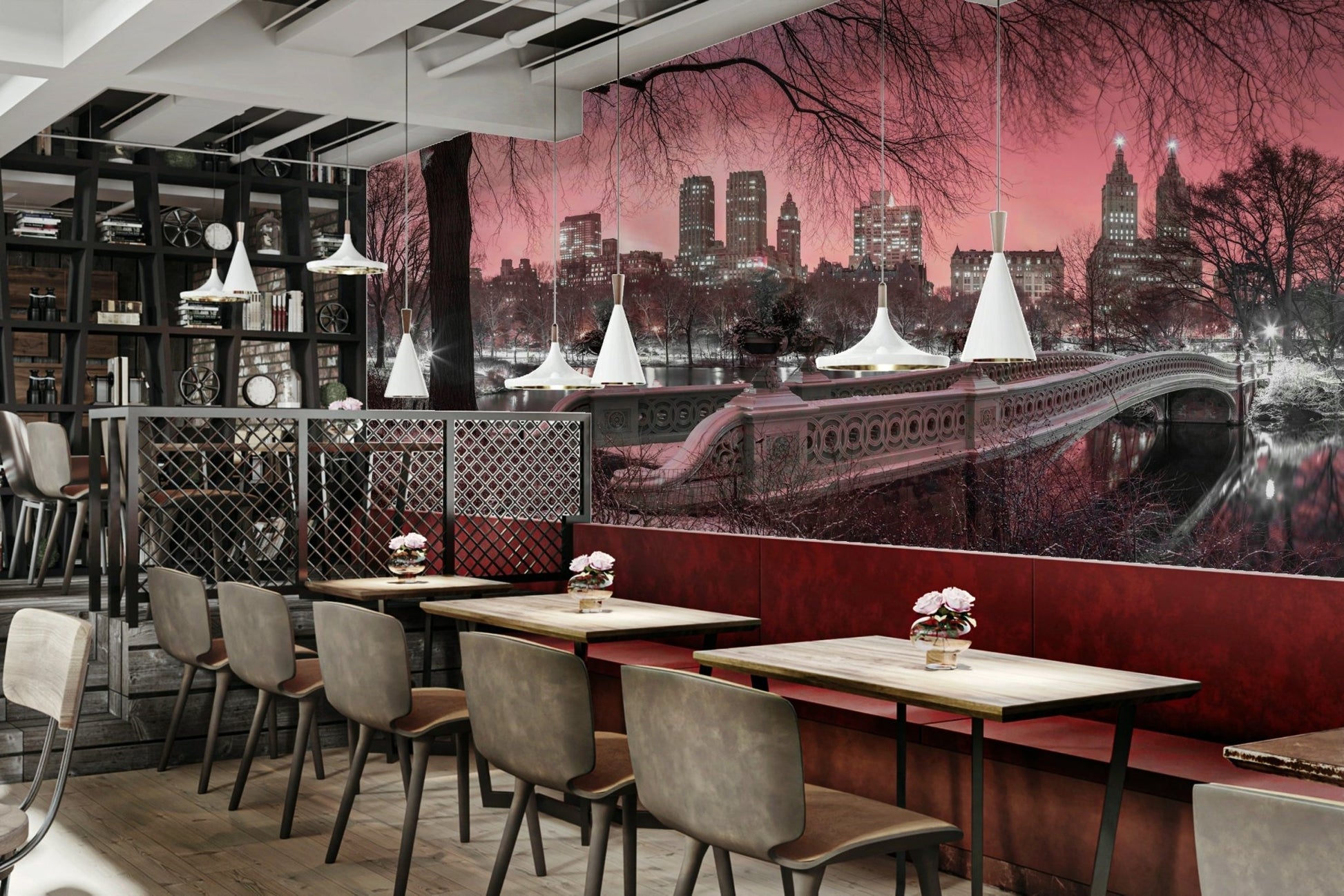 Hotel lobby room with a pink city park scene.

