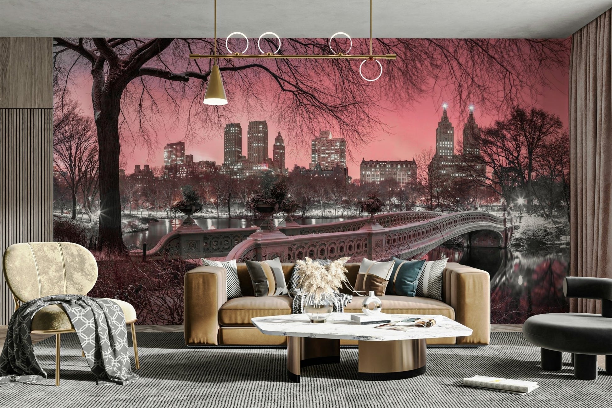 Living room wall with pink Central Park mural.

