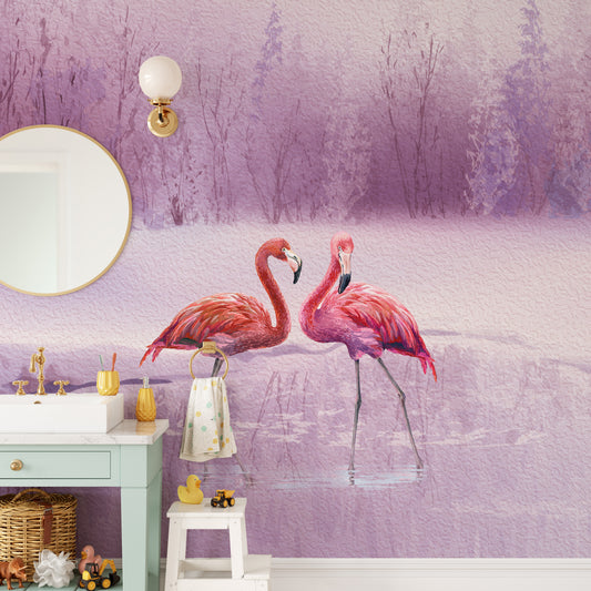 Pink Flamingo wallpaper of two flamingos in a lavender landscape above a wood kitchen counter and gold faucet