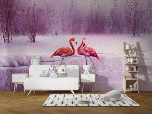 Pink Flamingo wallpaper with two flamingos behind grey kitchen cabinets and open shelving in a kitchen