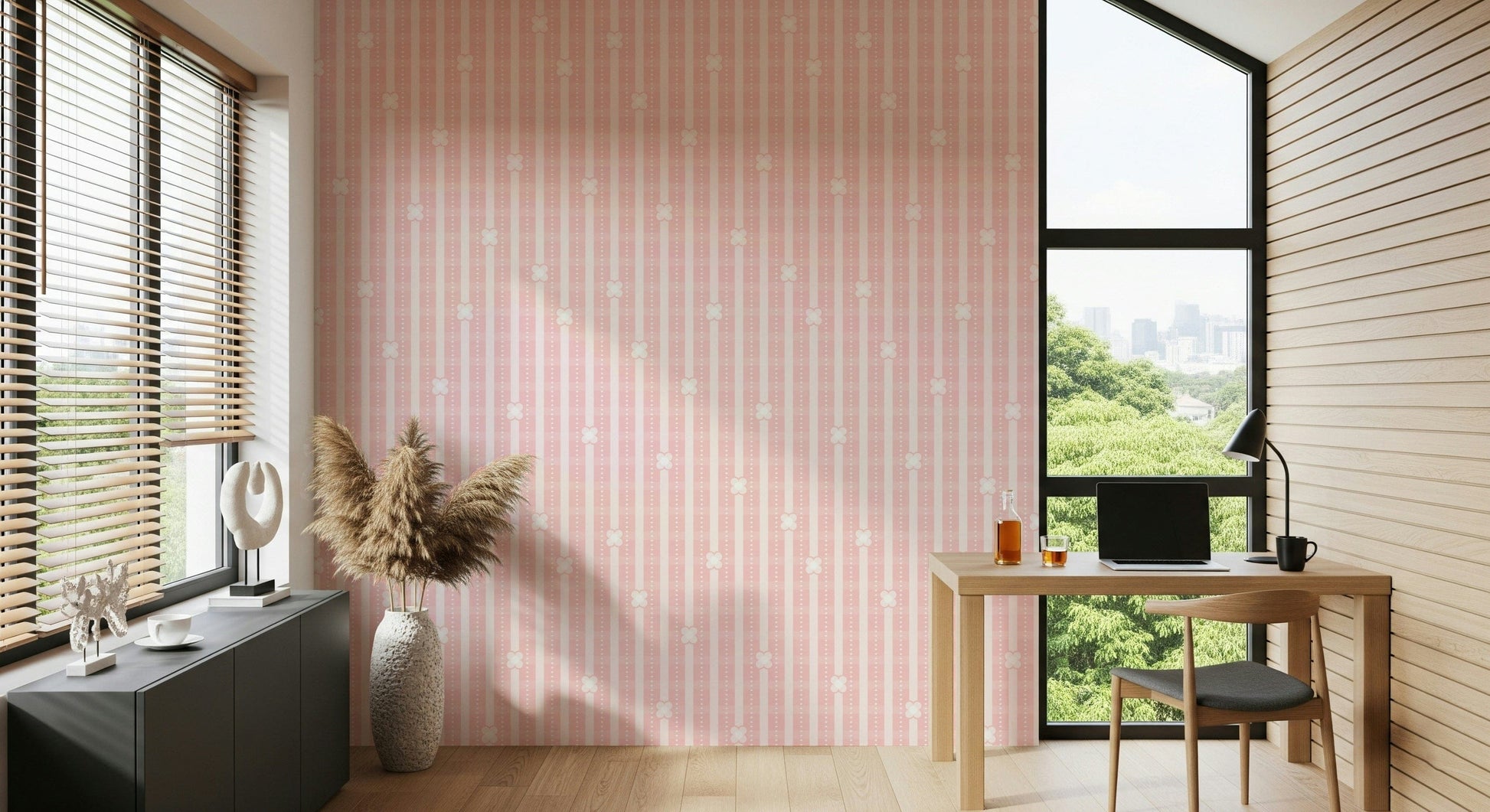 Striped Pink Floral Wallpaper – Decorative design combining pastel pink blossoms with vertical and horizontal stripes.