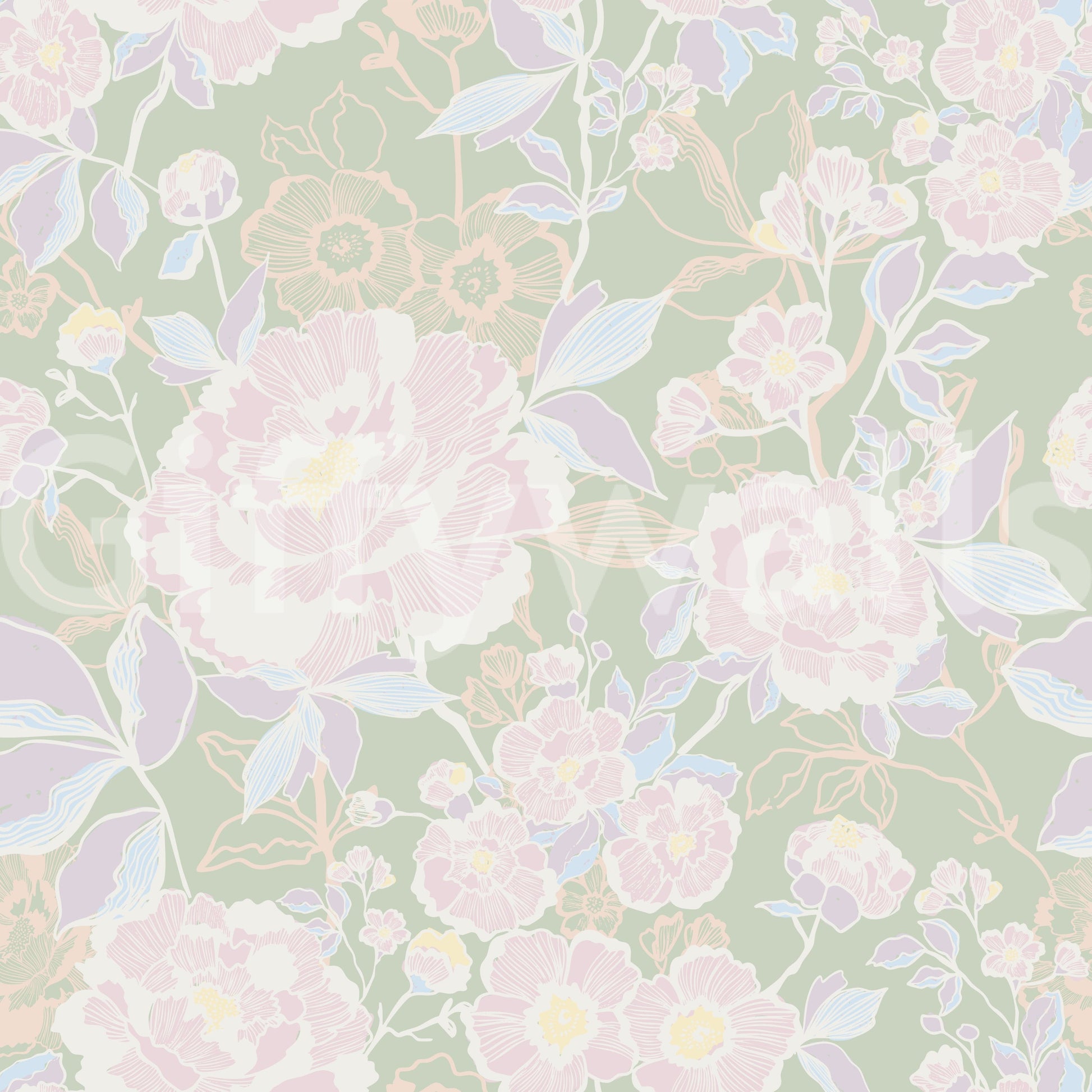 Soft Botanical whimsical flower wallpaper for walls bright interiors.