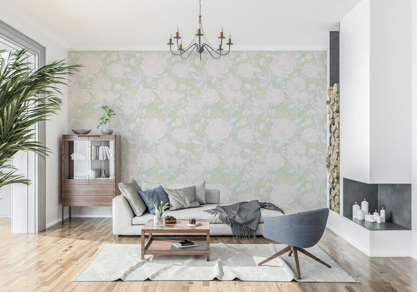 Soft Botanical lush greenery wallpaper mural soft lavender tones.