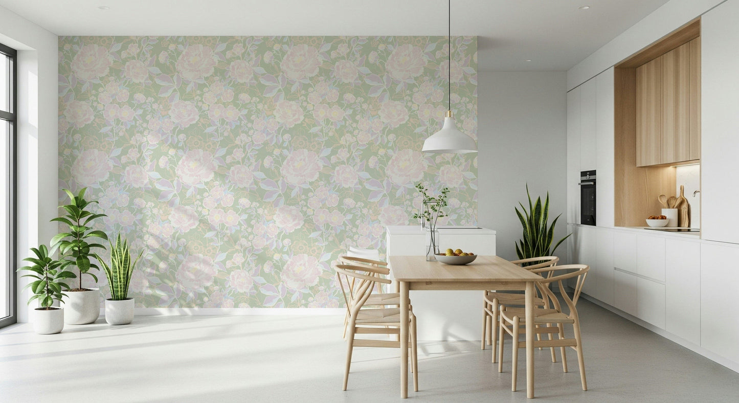 Soft Botanical vintage garden peel and stick wallpaper style.