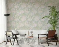 Muted green Soft Botanical wallpaper mural featuring large peonies.