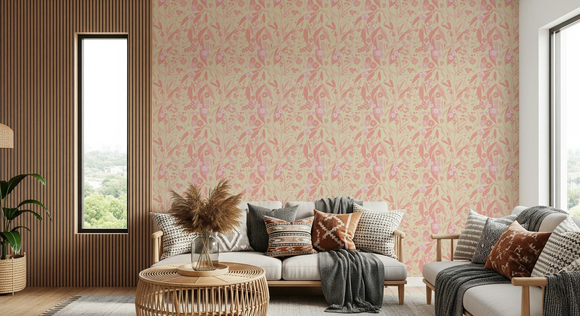 A graceful subtle pattern wall mural in soft, blush tones.

