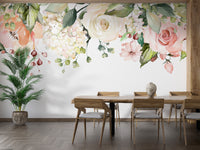 Watercolor pink and white blooms for mural decor.