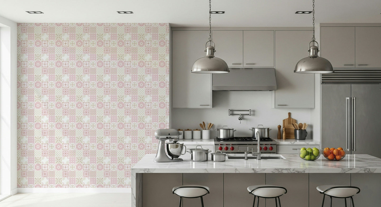 Vintage Folk Tiles ‚Äì Blush Pink