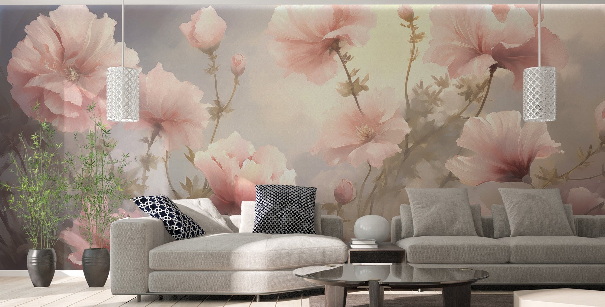 Godetia Pink Flower wallpaper mural with soft pink blooms on gray behind a gray chaise sofa with navy pillows
