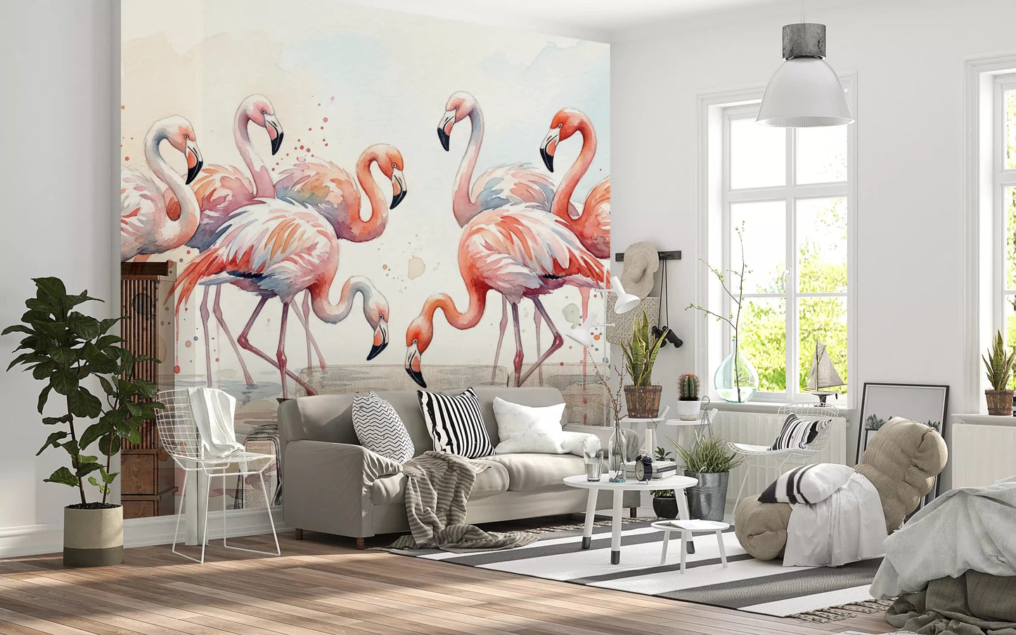 Artistic flamingo watercolor wall mural with soft splashes and light reflections