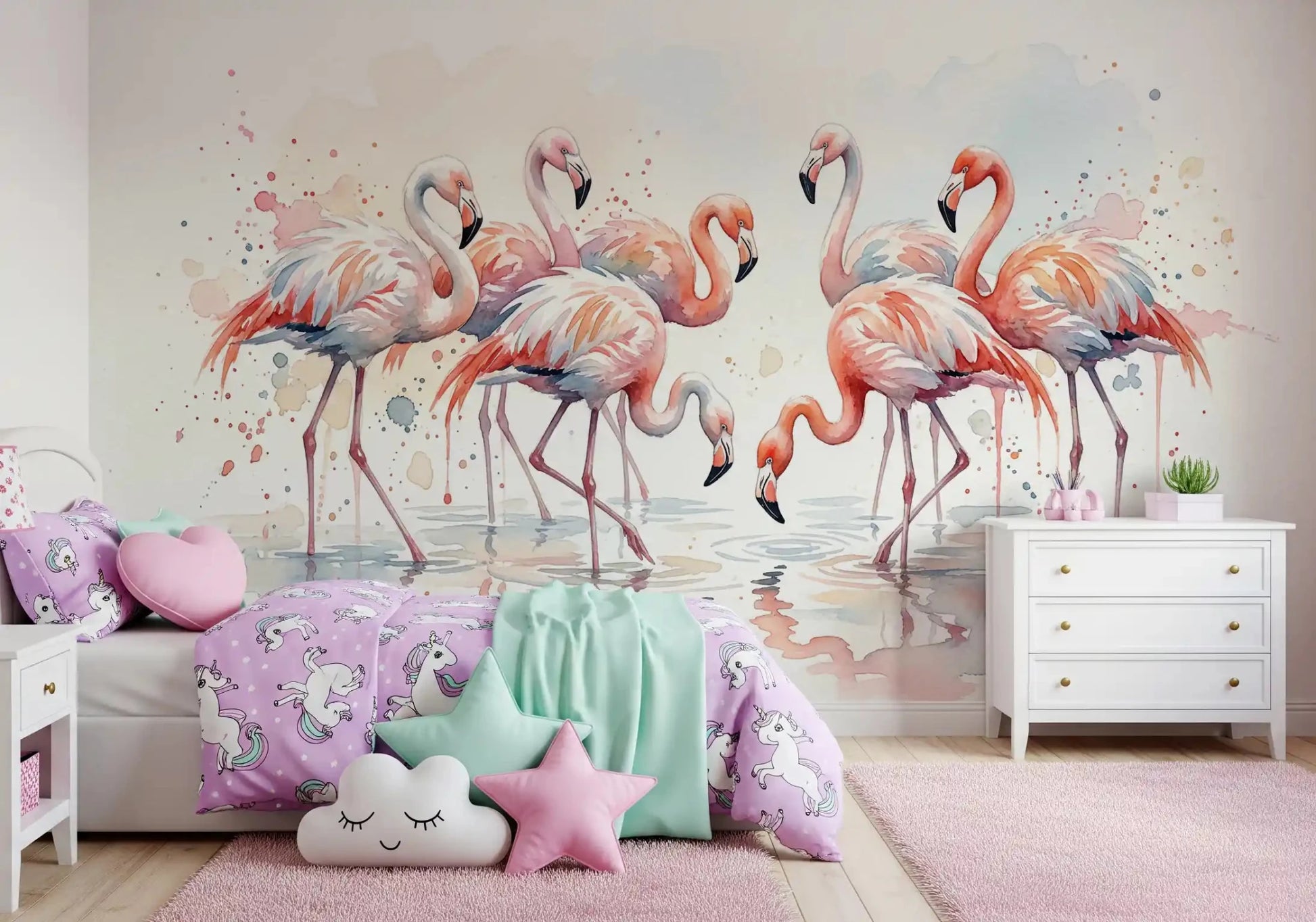 Pink Grace in Watercolors wall mural showing flamingos with delicate feather details