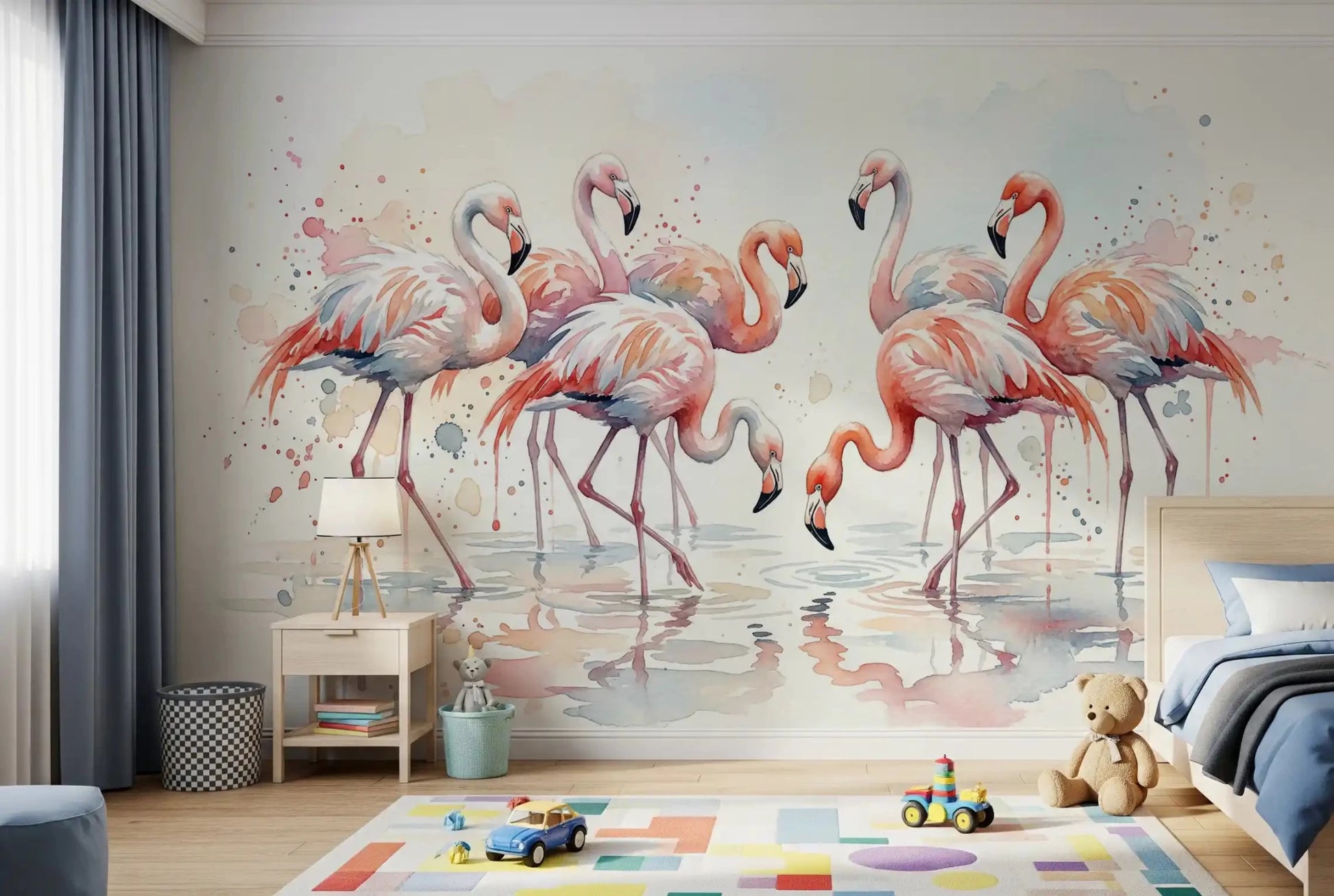 Flamingo watercolor wall mural with graceful birds and light watercolor splashes