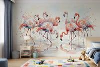Flamingo watercolor wall mural with graceful birds and light watercolor splashes