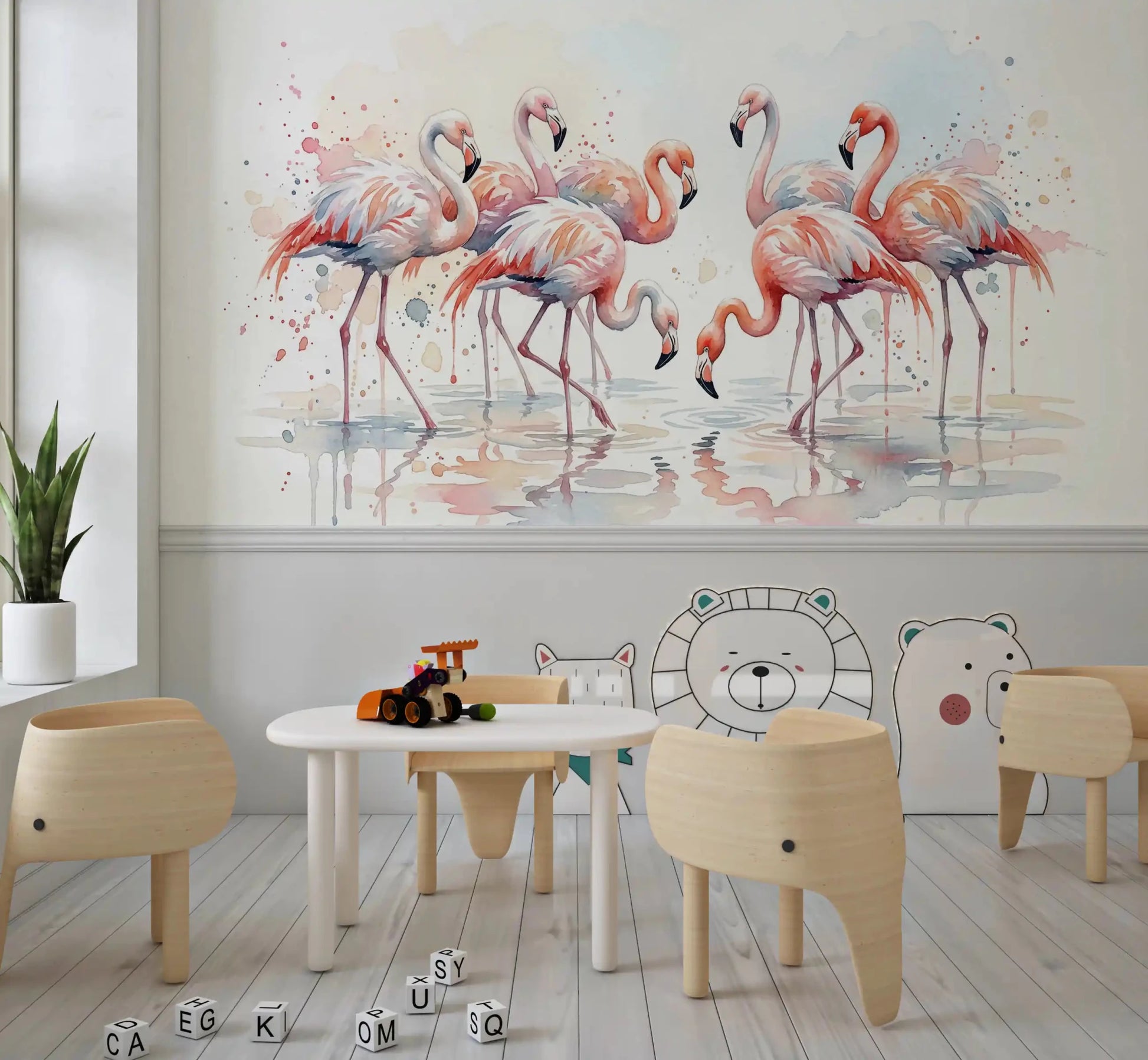 Elegant flamingo flock watercolor wall mural with gentle pink color palette
