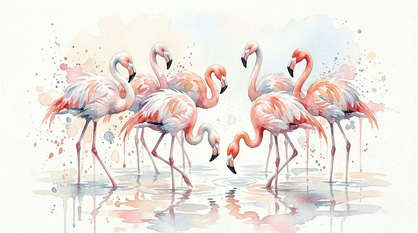 Watercolor flamingo wall mural with calm pink tones and artistic paint strokes