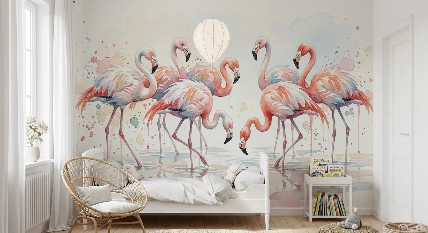 Flamingo watercolor wall mural in pastel pink and coral tones with fluid brush style