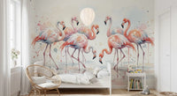 Flamingo watercolor wall mural in pastel pink and coral tones with fluid brush style