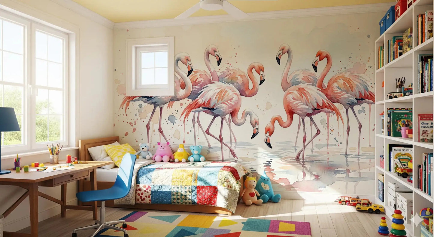 Pink Grace in Watercolors wall mural with elegant flamingos and soft pastel color