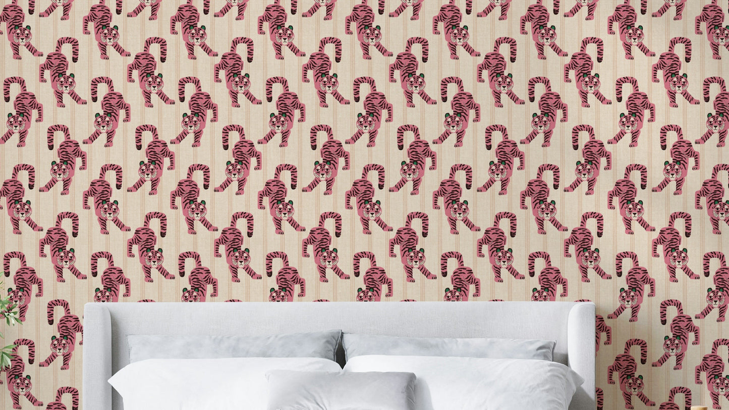 Pink jumping tiger jewel jungle wallpaper for vibrant rooms


