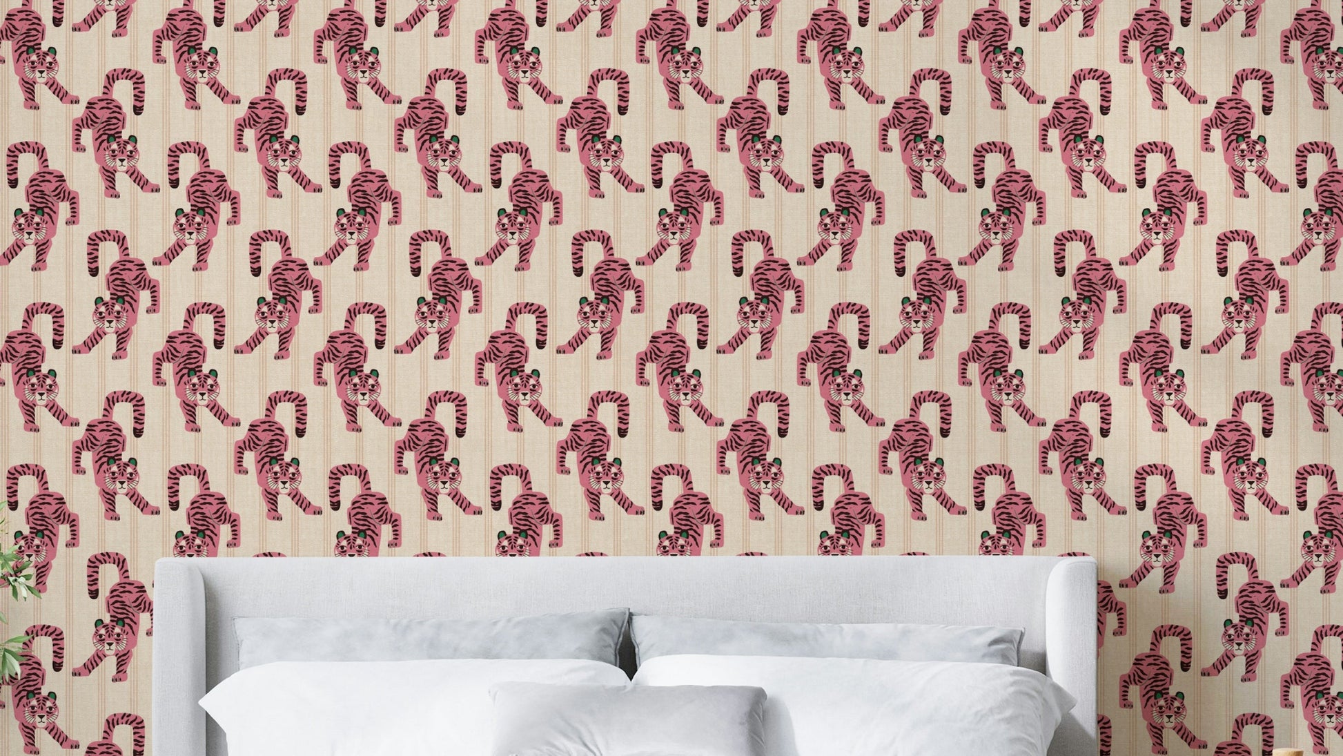 Pink jumping tiger jewel jungle wallpaper for vibrant rooms

