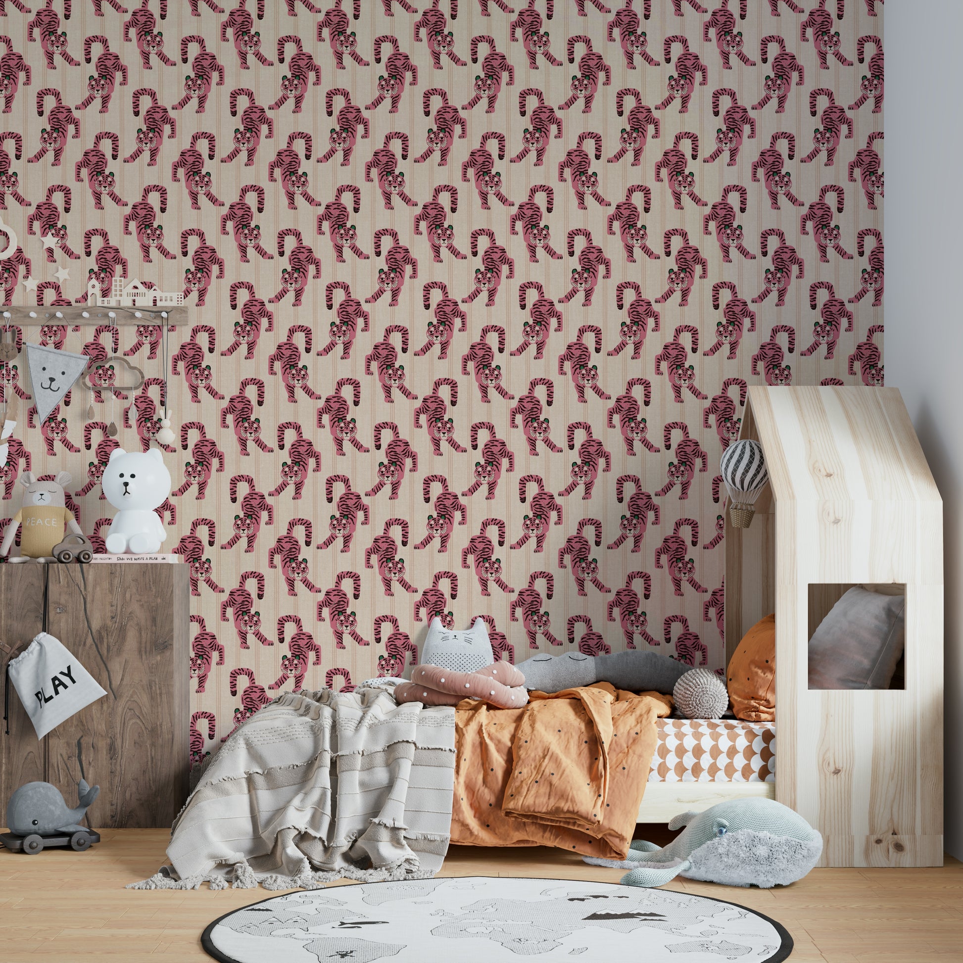 Playful pink tiger print with jewel jungle theme for interiors

