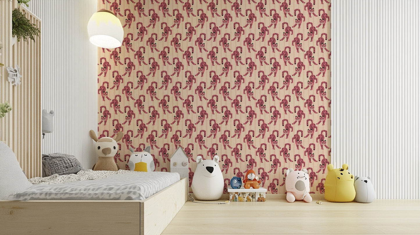 Vibrant pink tiger wallpaper with jungle jewel accents

