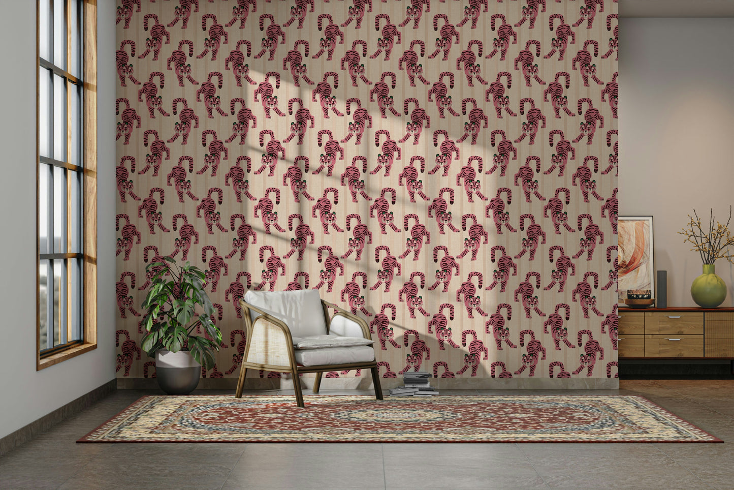 Pink and jewel jungle wallpaper with playful tiger design

