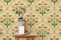 Beige wallpaper with pink flowered plant designs
