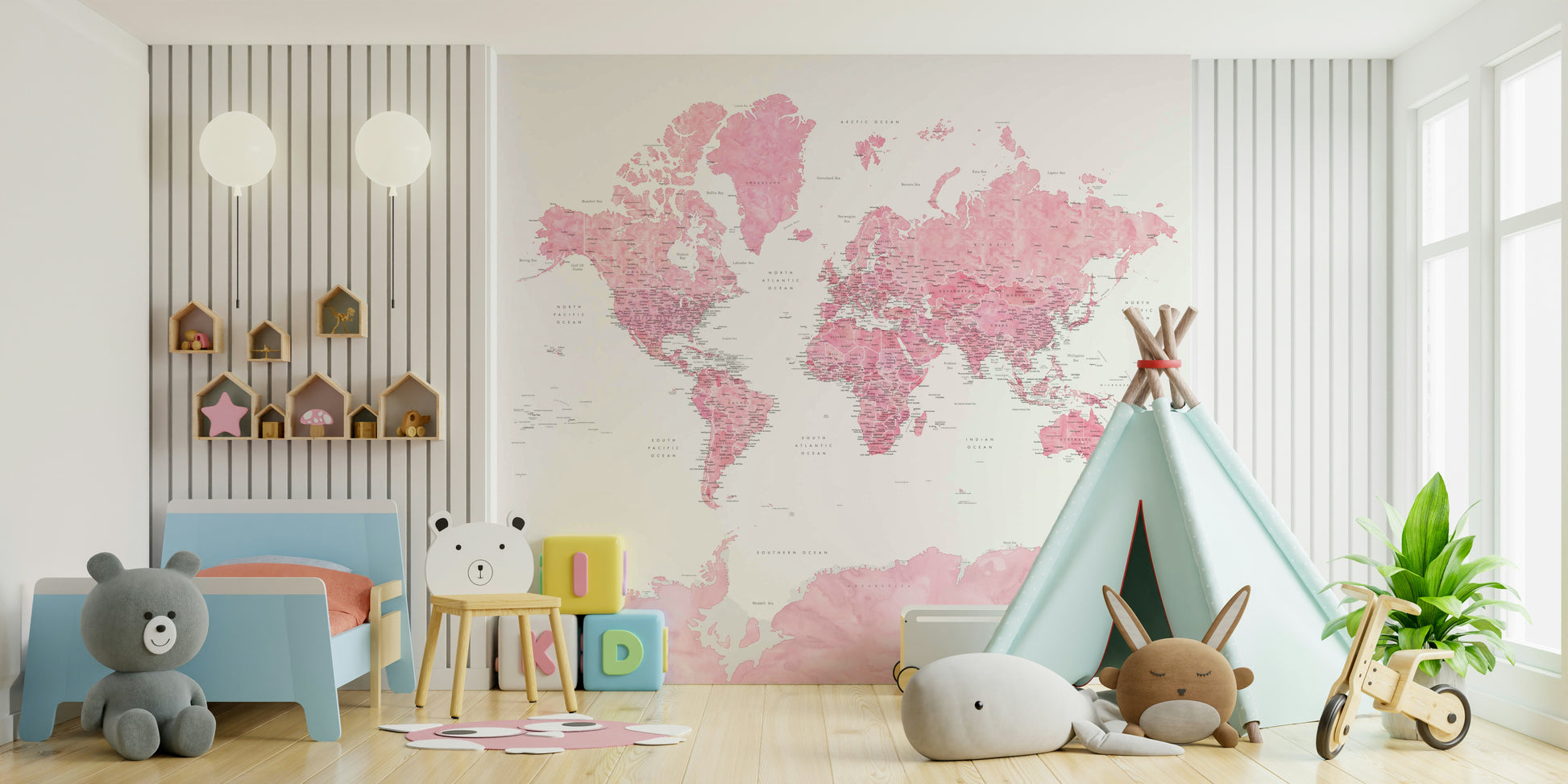 Artistic watercolor-style pink map for kids’ rooms

